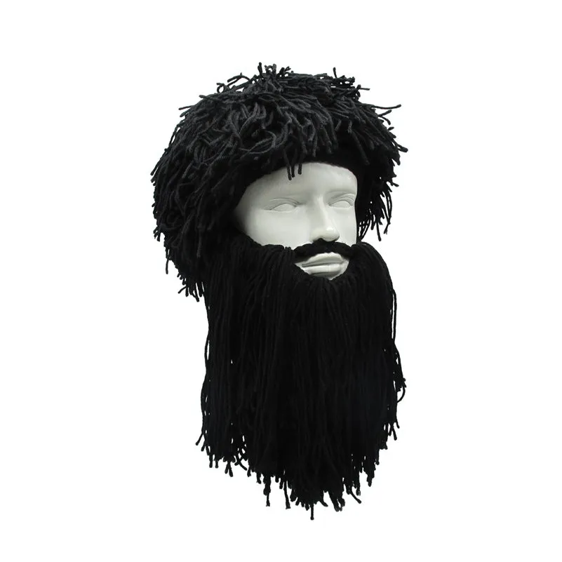 Funny Crazy Halloween Cosplay Men Knit Beard Horn Hat Ski Mask Cap Barbarian Vagabond Cool Beanie Winter Warm Unisex Hat black