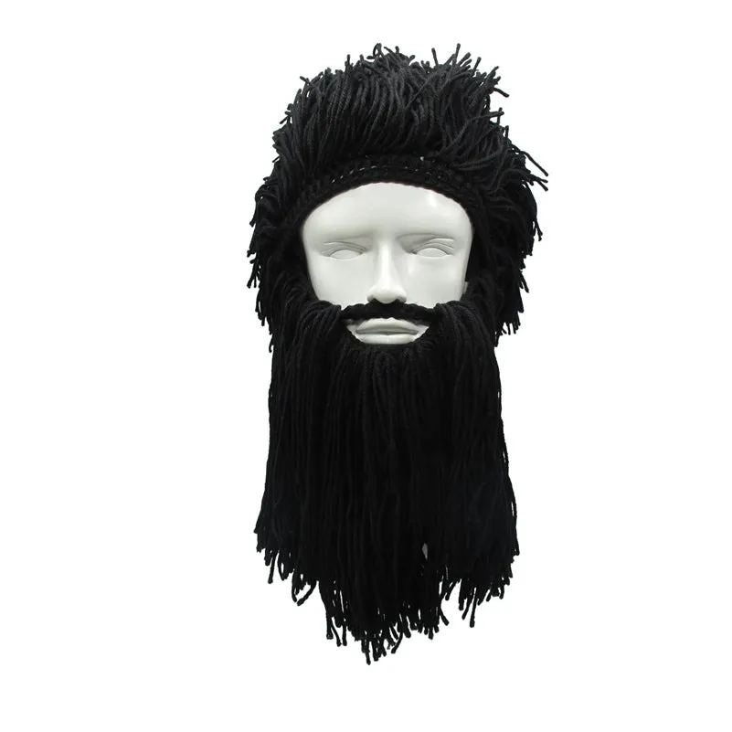 Funny Crazy Halloween Cosplay Men Knit Beard Horn Hat Ski Mask Cap Barbarian Vagabond Cool Beanie Winter Warm Unisex Hat black