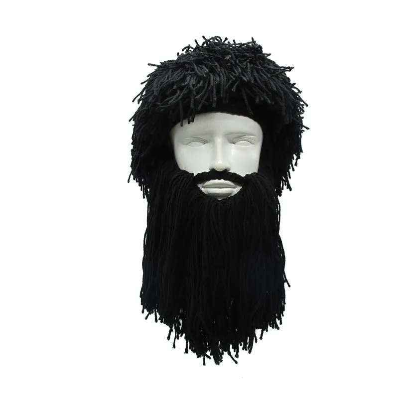 Funny Crazy Halloween Cosplay Men Knit Beard Horn Hat Ski Mask Cap Barbarian Vagabond Cool Beanie Winter Warm Unisex Hat black
