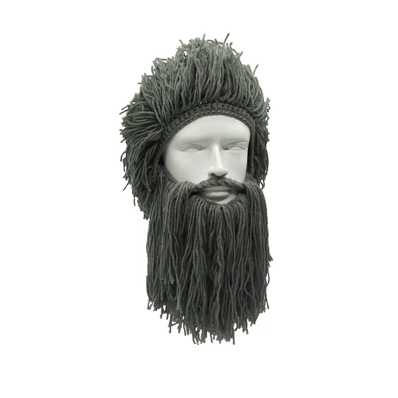Funny Crazy Halloween Cosplay Men Knit Beard Horn Hat Ski Mask Cap Barbarian Vagabond Cool Beanie Winter Warm Unisex Hat black