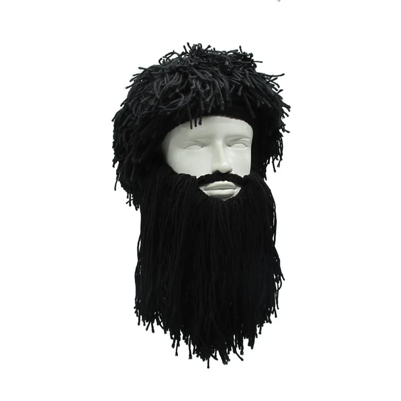 Funny Crazy Halloween Cosplay Men Knit Beard Horn Hat Ski Mask Cap Barbarian Vagabond Cool Beanie Winter Warm Unisex Hat black