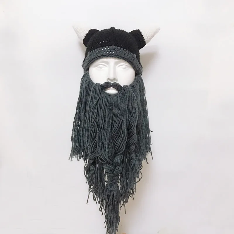 Funny Crazy Halloween Cosplay Men Knit Viking Beard Horn Hat Ski Mask Cap Barbarian Vagabond Cool Beanie Winter Warm Unisex Hat brown_Free size