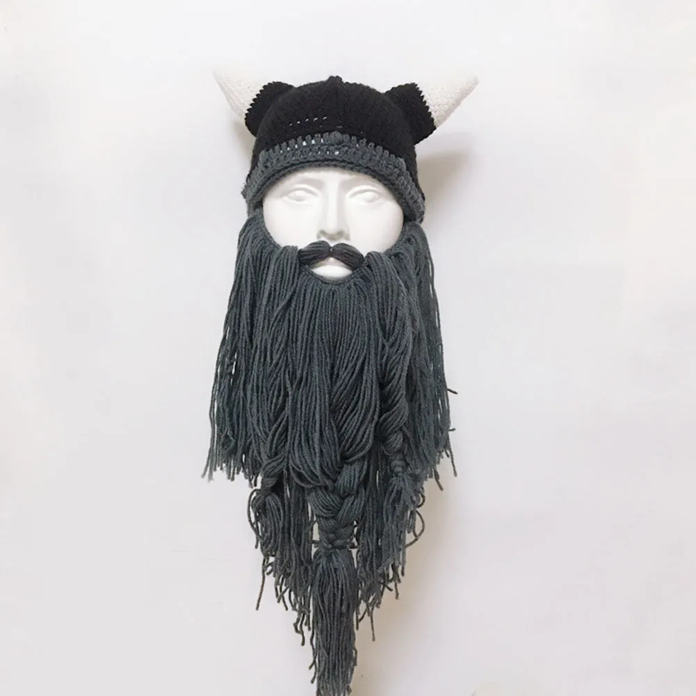 Funny Crazy Halloween Cosplay Men Knit Viking Beard Horn Hat Ski Mask Cap Barbarian Vagabond Cool Beanie Winter Warm Unisex Hat brown_Free size