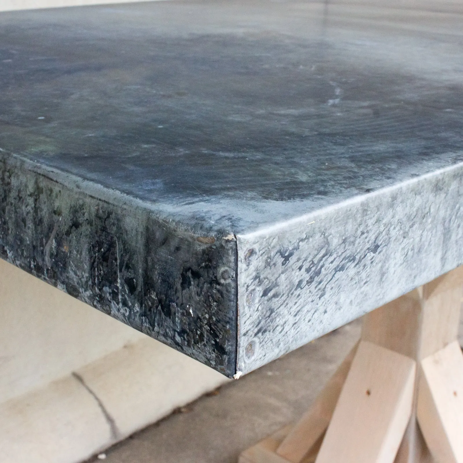 Galvanized Zinc Metal Top Dining Table with Wood Base
