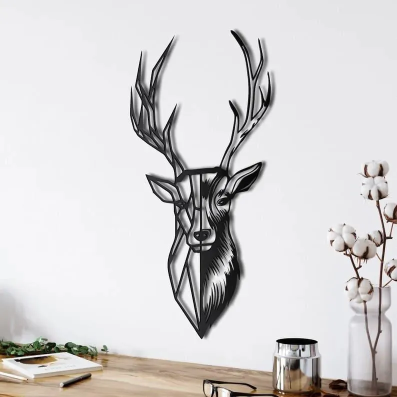 Geometric Deer Head with Antlers Metal Wall Art