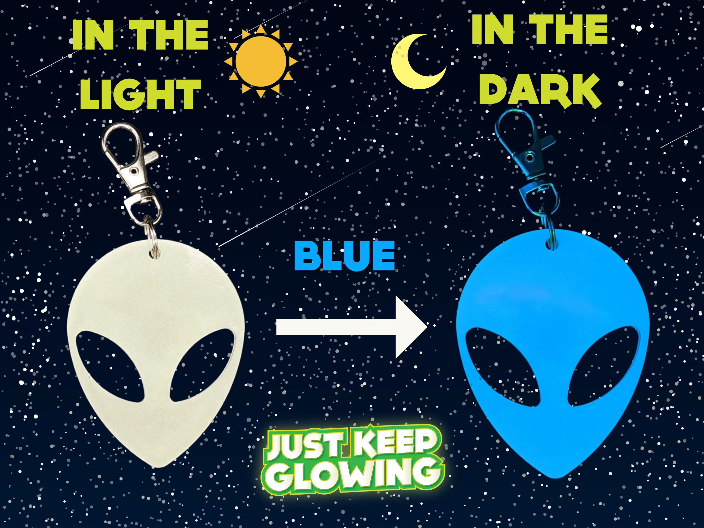 GLOW IN THE DARK ALIEN KEYCHAINS AND STICKERS