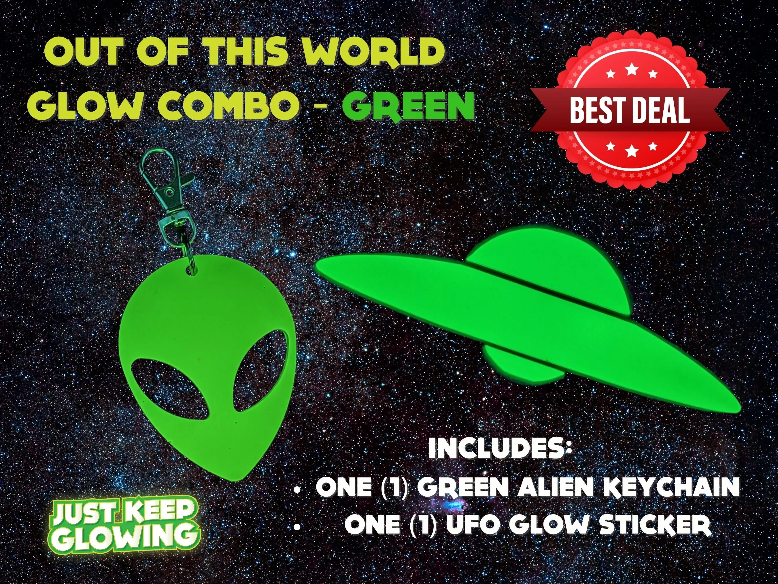 GLOW IN THE DARK ALIEN KEYCHAINS AND STICKERS
