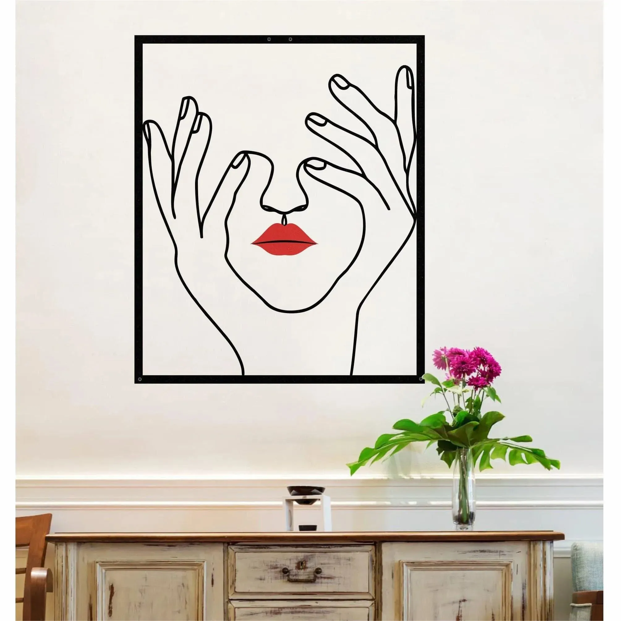 Hand and Face with Red Lips Metal Wall Hanging Decor
