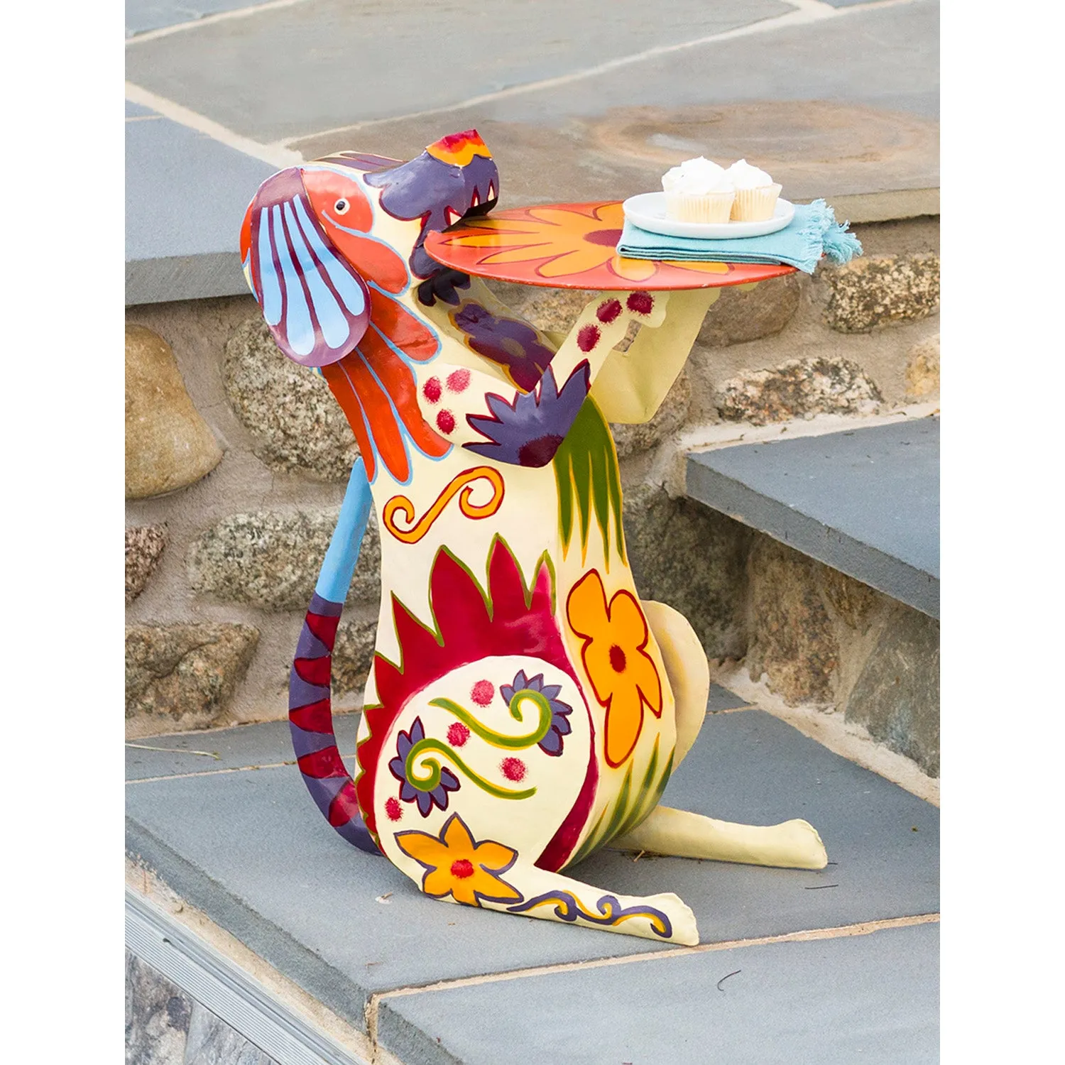 Handmade Colorful Painted Folk Art Metal Dog Side Table,39464