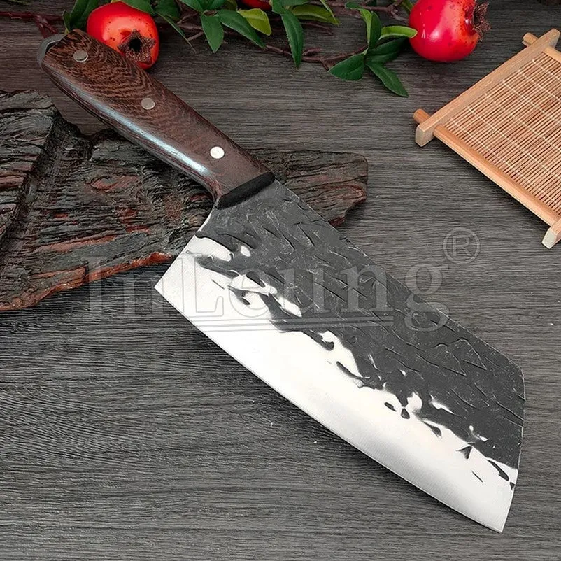 Handmade Forged Full Tang High-carbon Professional Cleaver Knife Stainless Steel Hammer Pattern