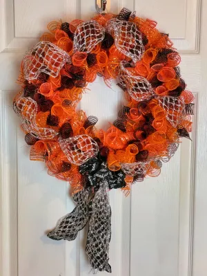 Handmade Halloween Orange and Black Deco Mesh Wreath