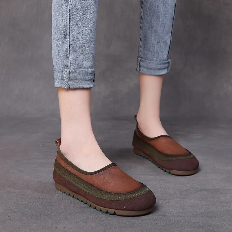 Handmade Soft Sole Colorblock Leather Women's Flat Shoes
