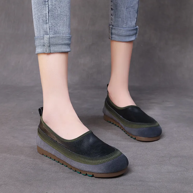 Handmade Soft Sole Colorblock Leather Women's Flat Shoes