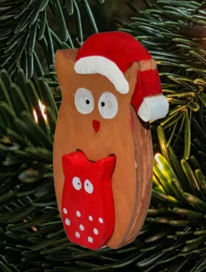 Handmade Two Nested Wooden Christmas Owls Christmas Decoration
