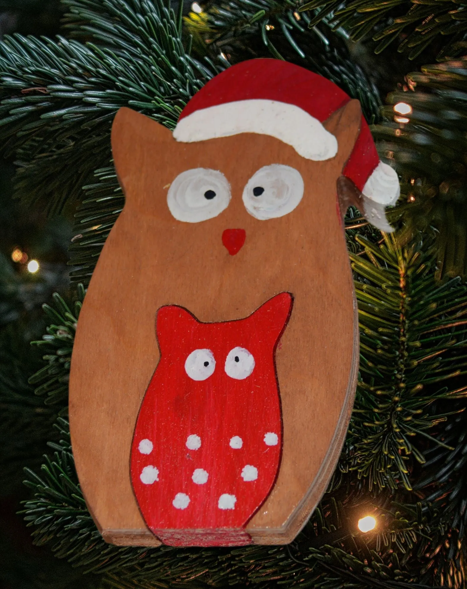 Handmade Two Nested Wooden Christmas Owls Christmas Decoration