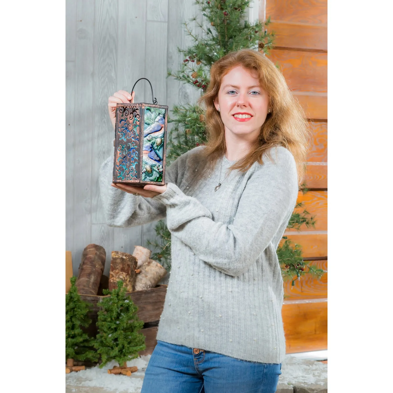 Handpainted Embossed Glass and Metal Solar Lantern, Bluebird,2sp6937