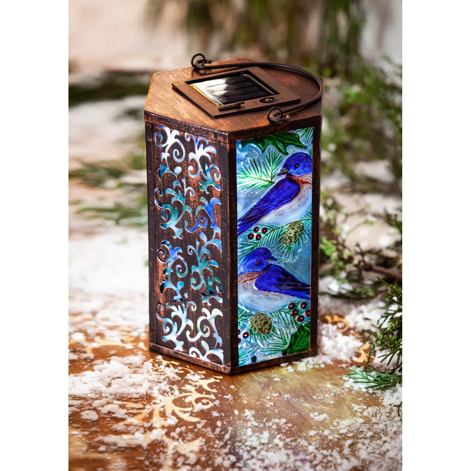 Handpainted Embossed Glass and Metal Solar Lantern, Bluebird,2sp6937