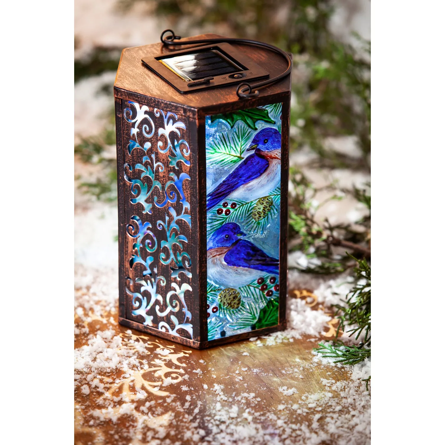 Handpainted Embossed Glass and Metal Solar Lantern, Bluebird,2sp6937