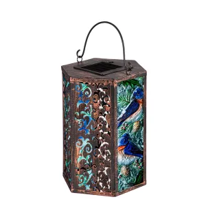 Handpainted Embossed Glass and Metal Solar Lantern, Bluebird,2sp6937