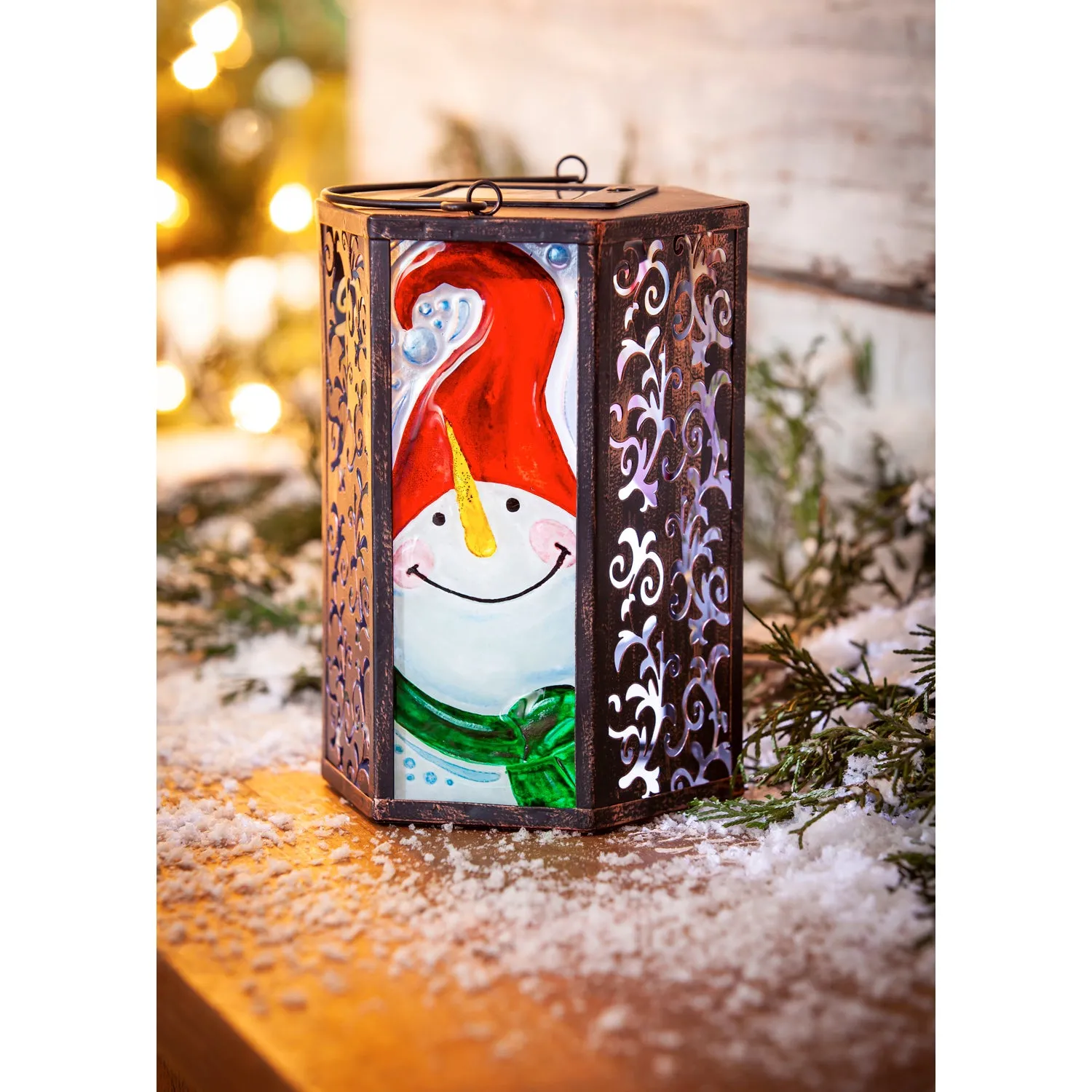 Handpainted Embossed Glass and Metal Solar Lantern, Snowman,2sp6938