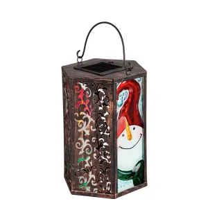 Handpainted Embossed Glass and Metal Solar Lantern, Snowman,2sp6938