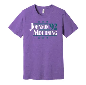 Johnson & Mourning '92 - Charlotte Basketball Legends Political Campaign Parody T-Shirt - Hyper Than Hype Shirts