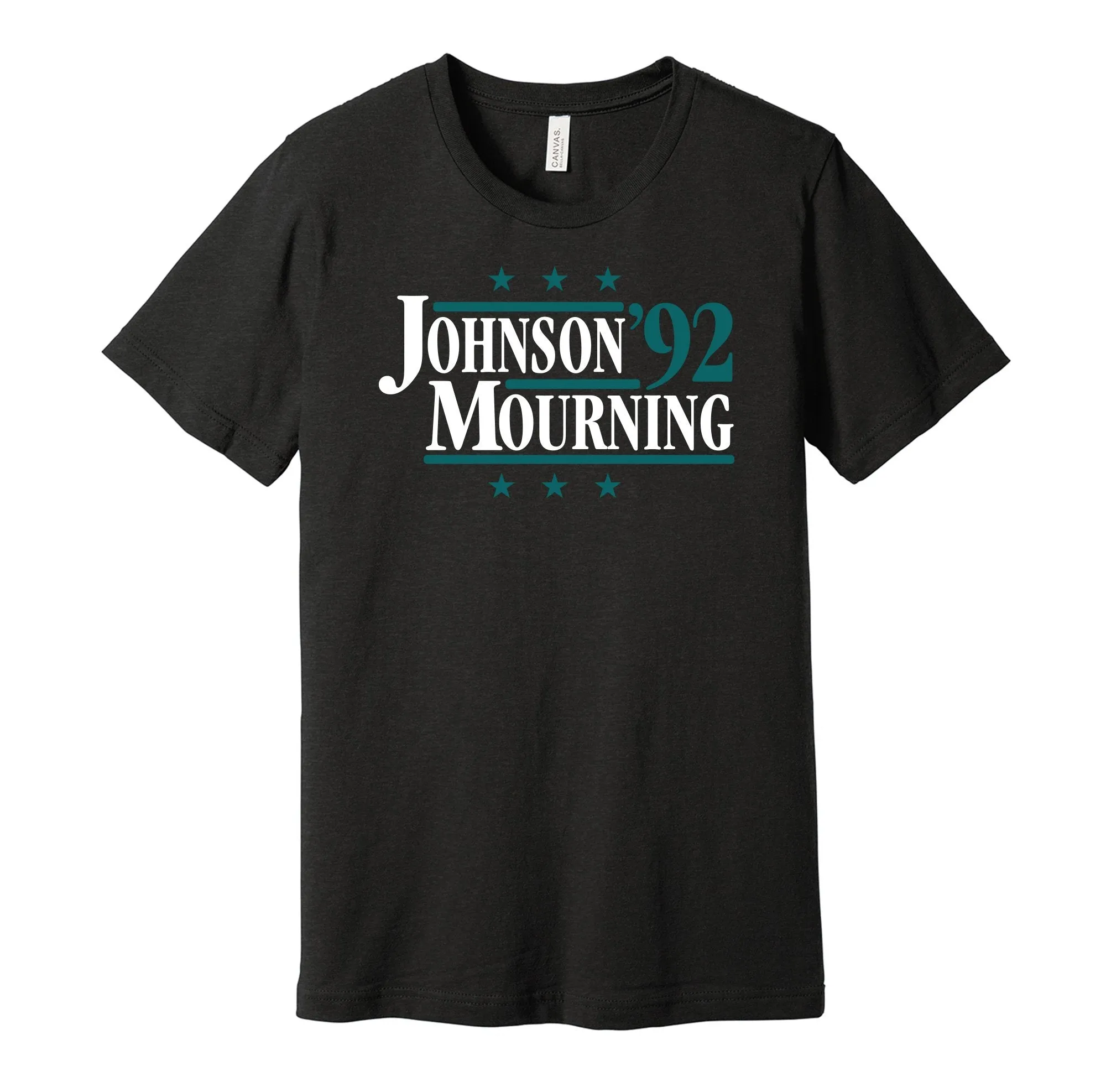 Johnson & Mourning '92 - Charlotte Basketball Legends Political Campaign Parody T-Shirt - Hyper Than Hype Shirts