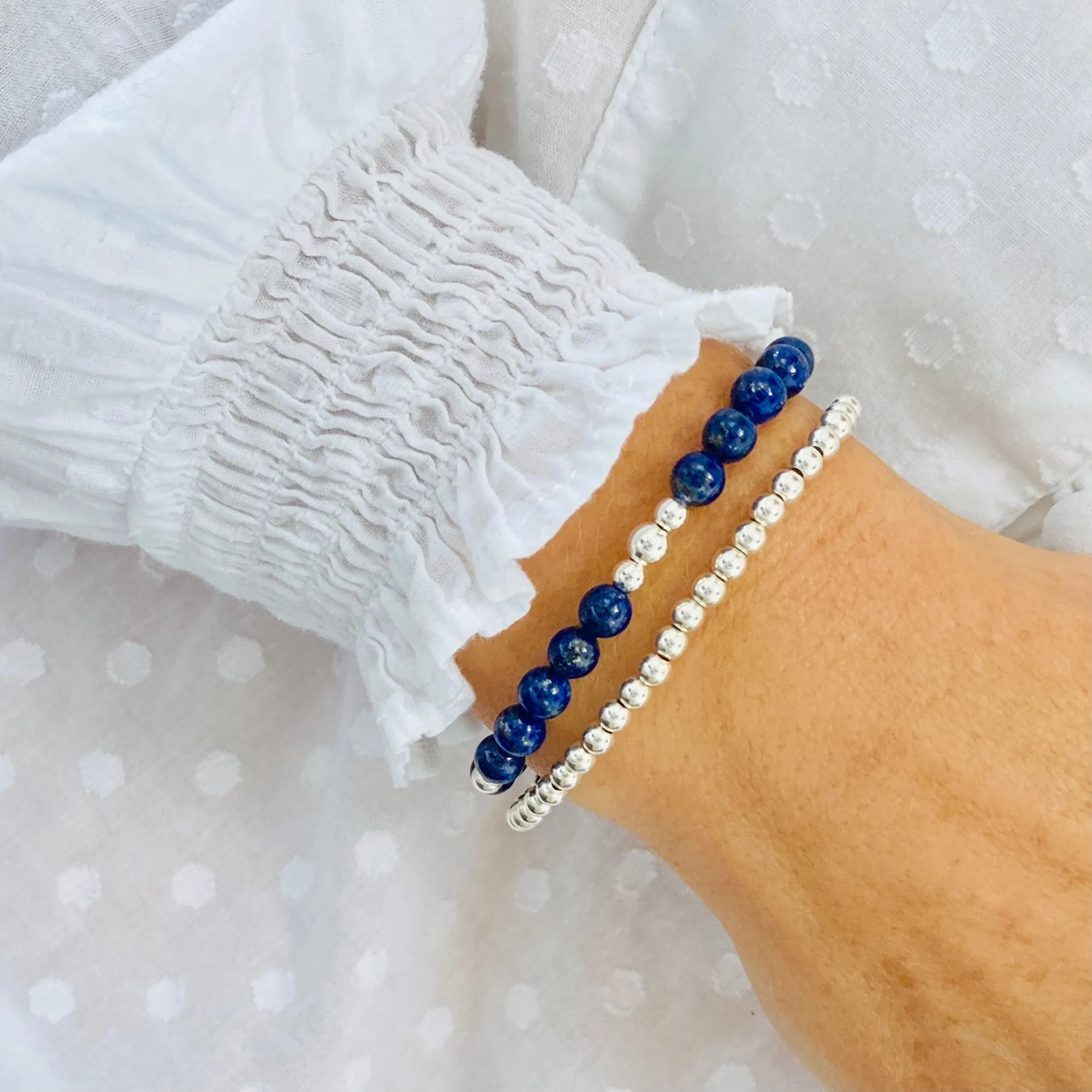 Lapis Lazuli Gemstone Bracelet with Silver Accent | Solo or Stack Set