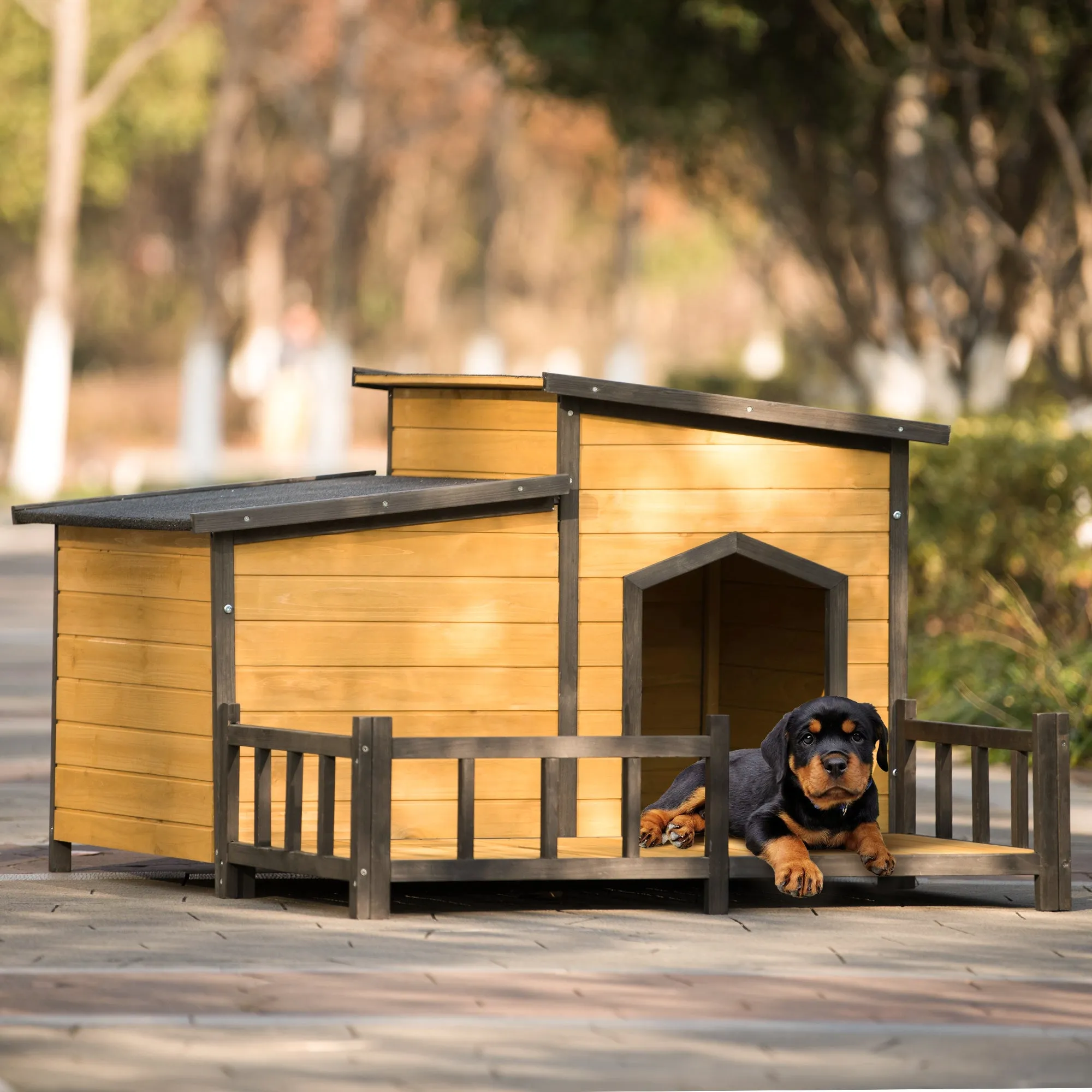 Large Wooden Dog House Outdoor, Outdoor & Indoor Dog Crate, Cabin Style, With Porch