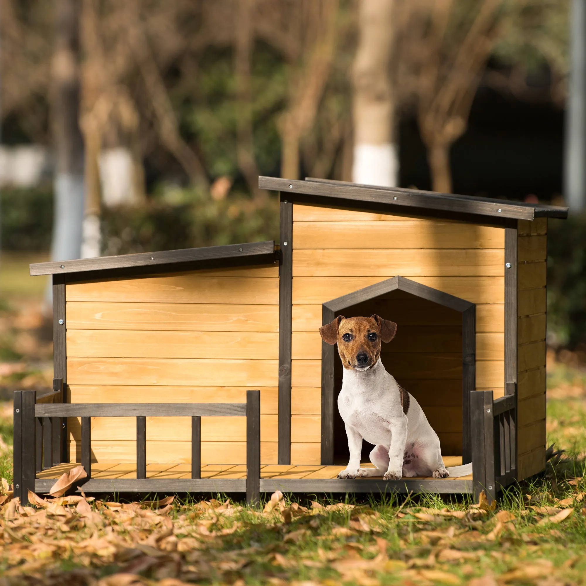 Large Wooden Dog House Outdoor, Outdoor & Indoor Dog Crate, Cabin Style, With Porch