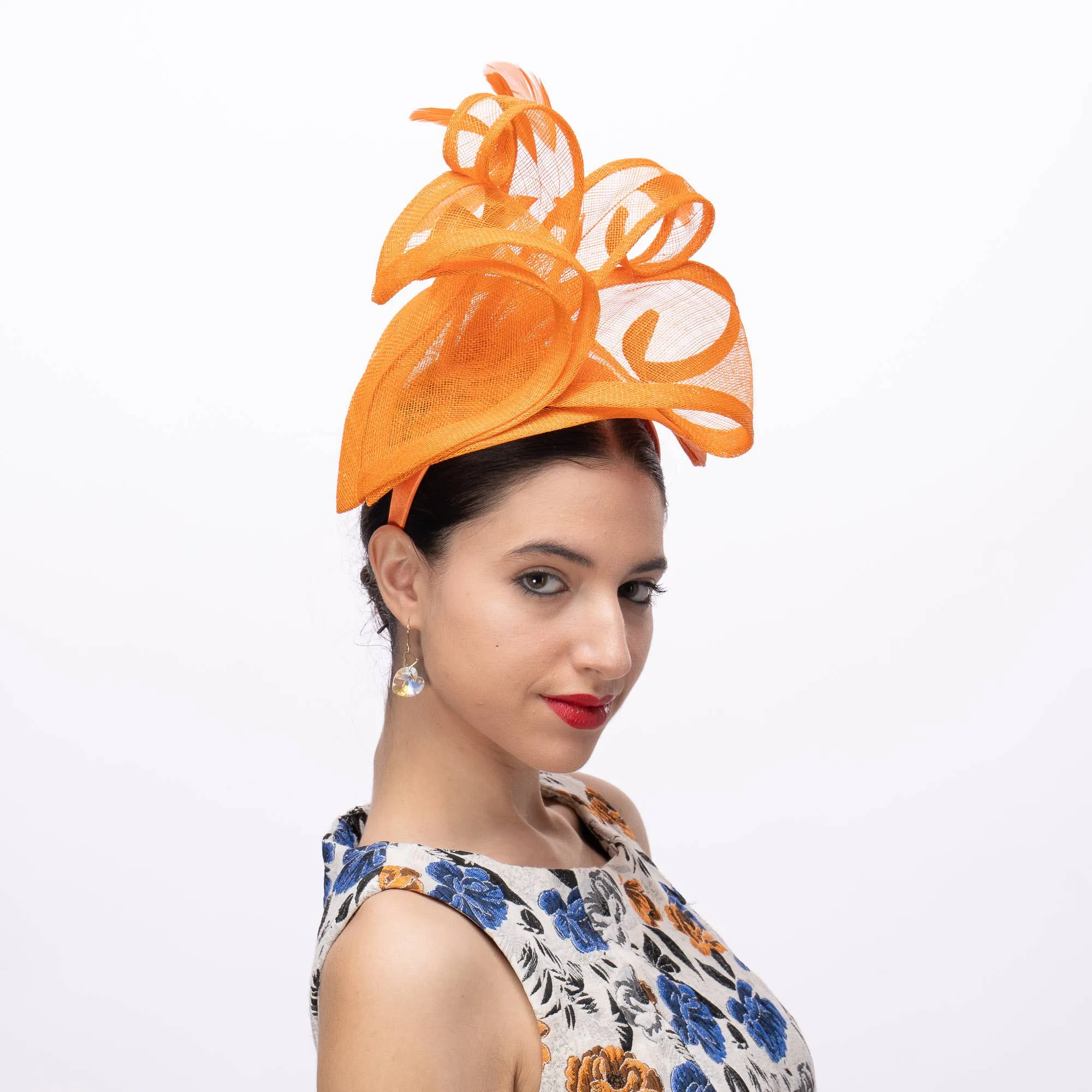 Lilly Shape Sinamay Swirls Feather Fascinator: Orange