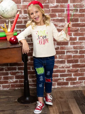 Live, Love, Learn Patched Jeans Set