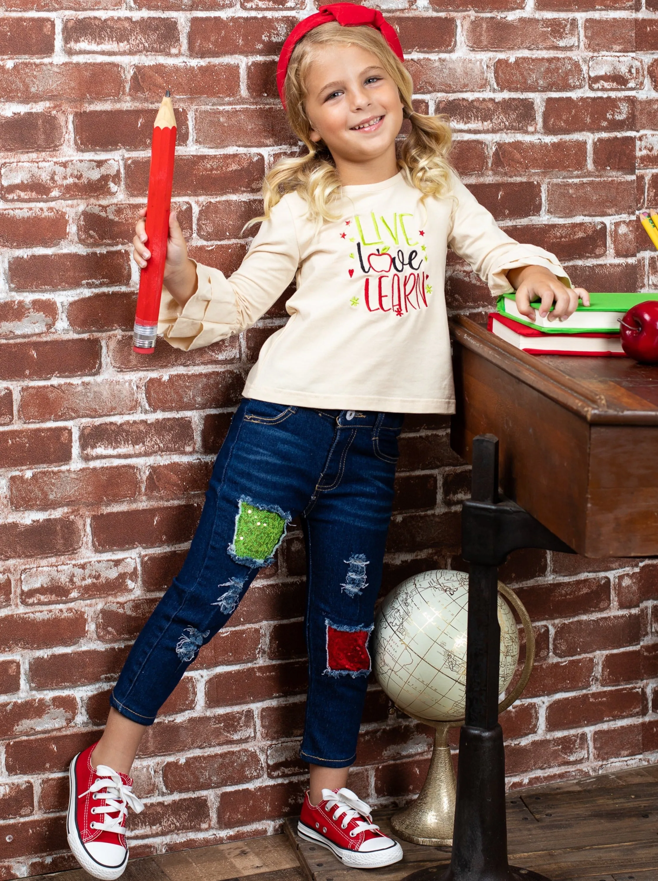 Live, Love, Learn Patched Jeans Set