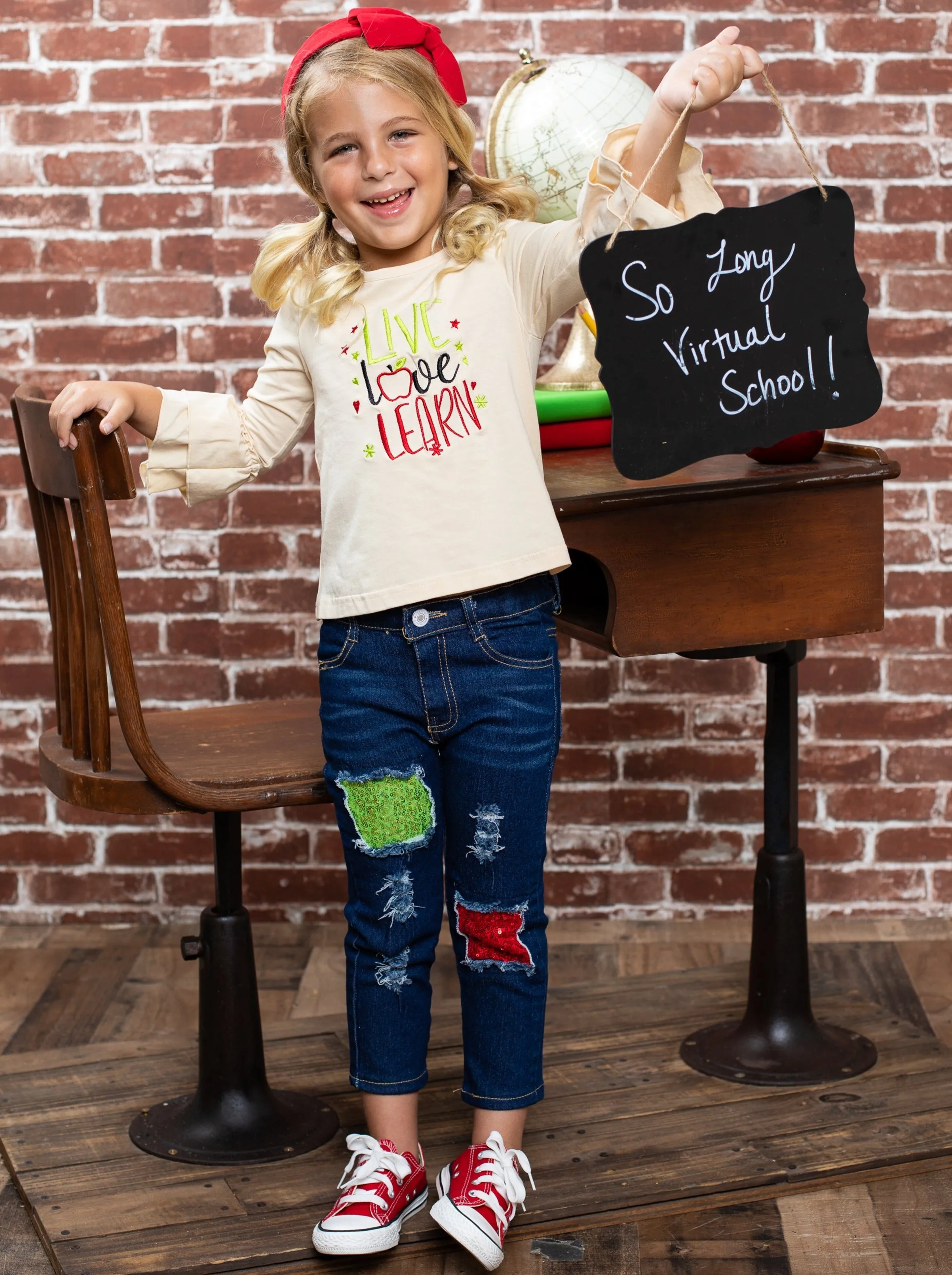 Live, Love, Learn Patched Jeans Set