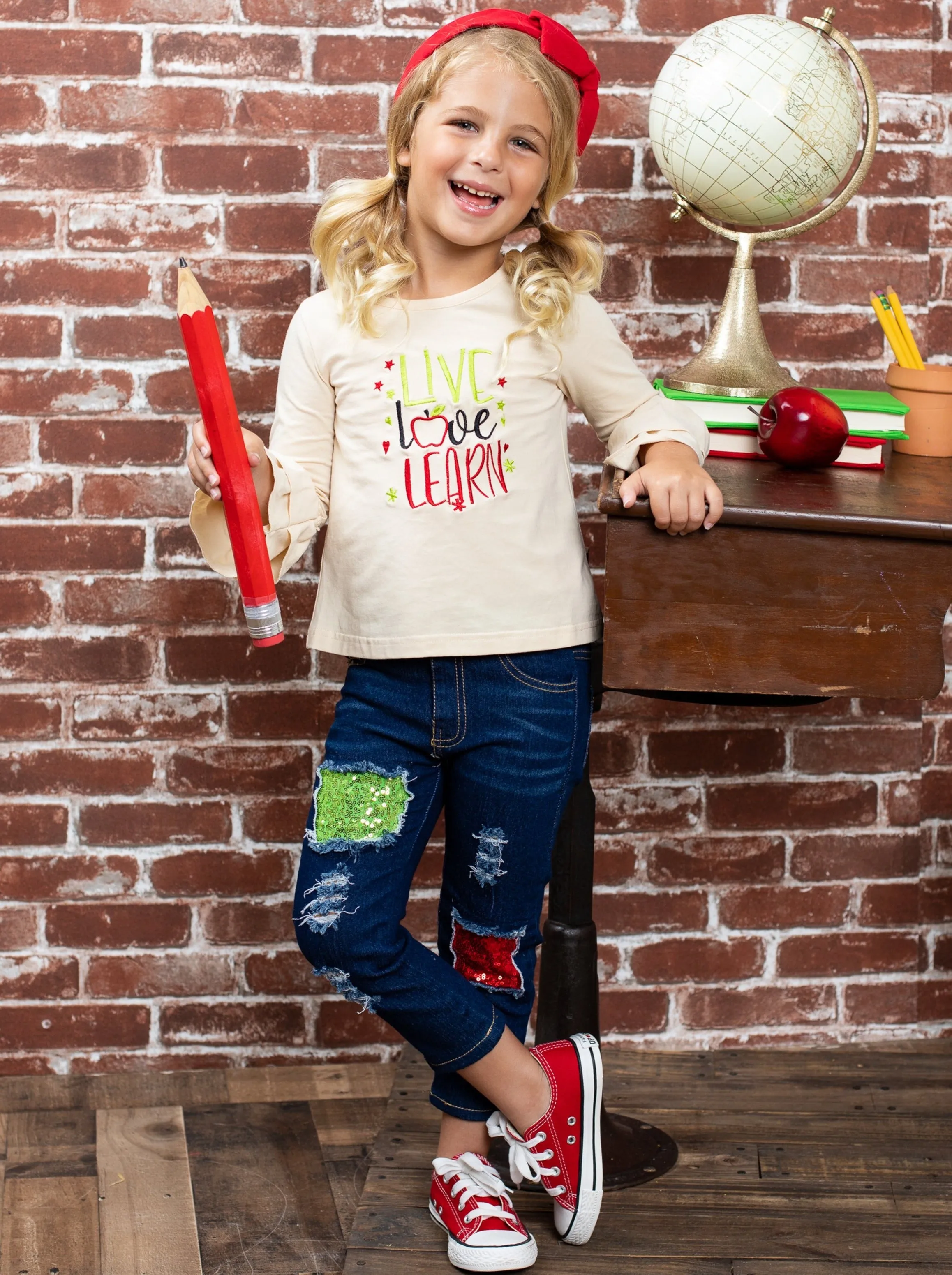 Live, Love, Learn Patched Jeans Set