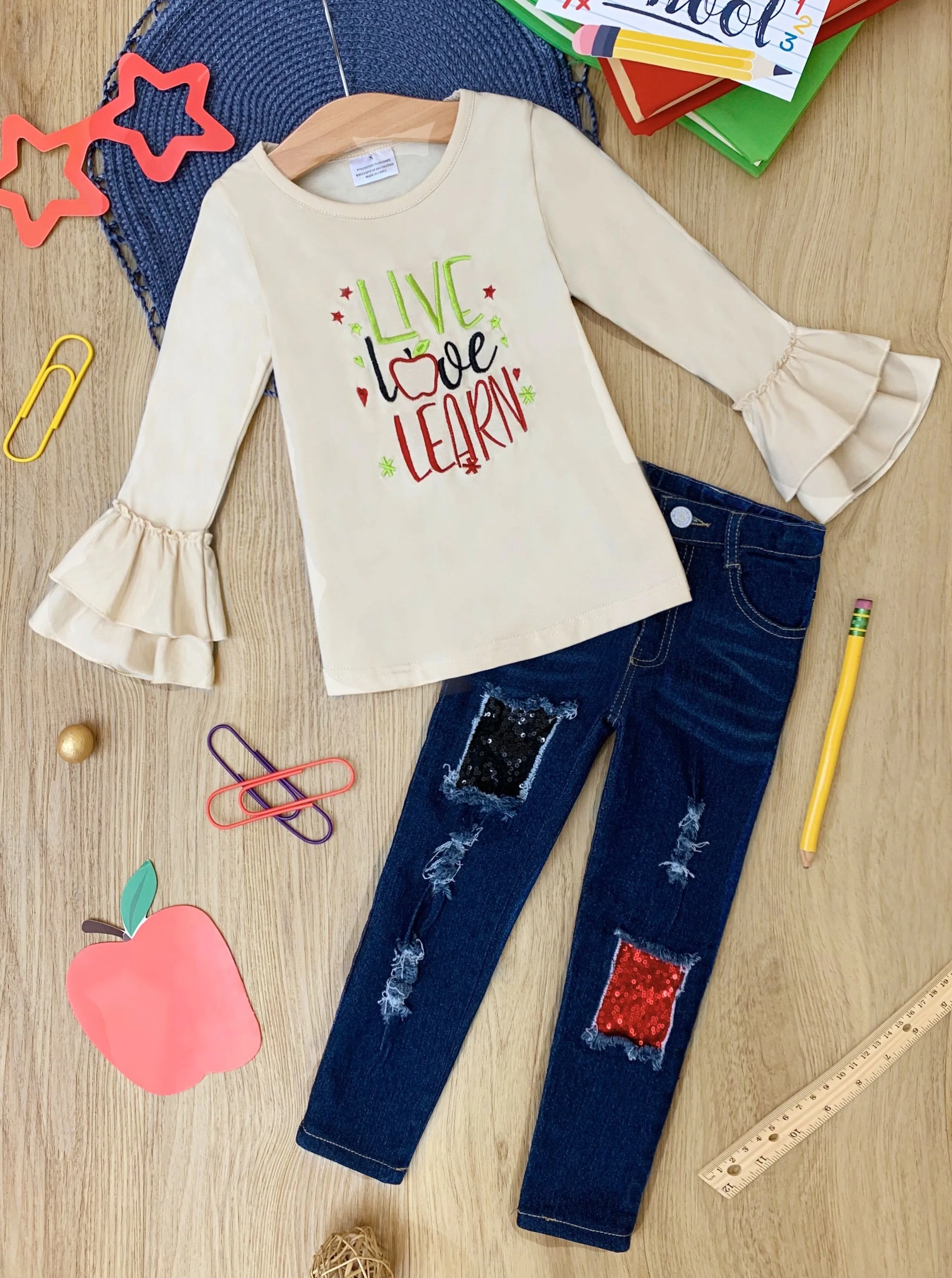 Live, Love, Learn Patched Jeans Set