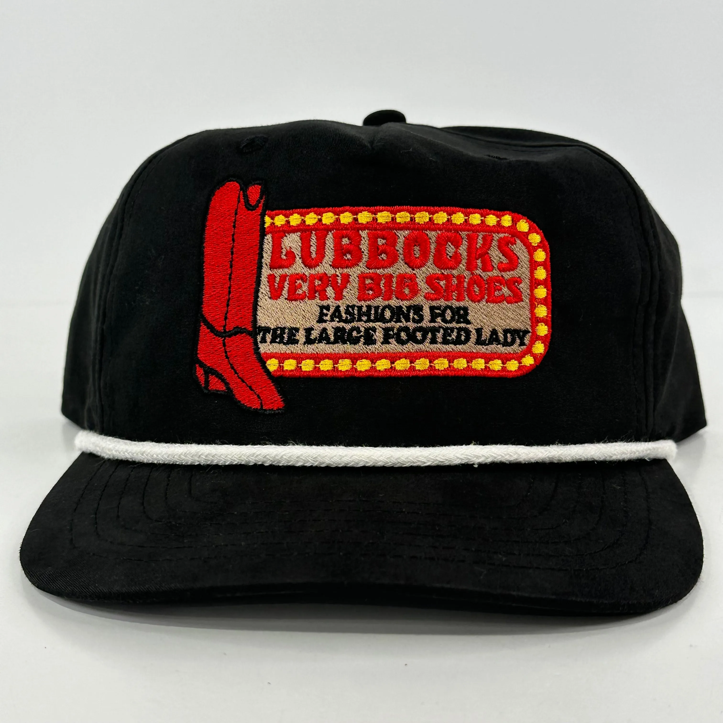 LUBBOCK'S VERY BIG SHOES Mid Crown Rope Retro Black SnapBack Cap Hat Custom Embroidered Collab PotentFrog