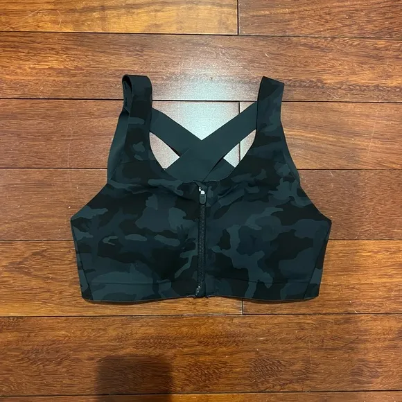 Lululemon Enlite Bra Zip Front Incognito Camo Multi Grey 32B
