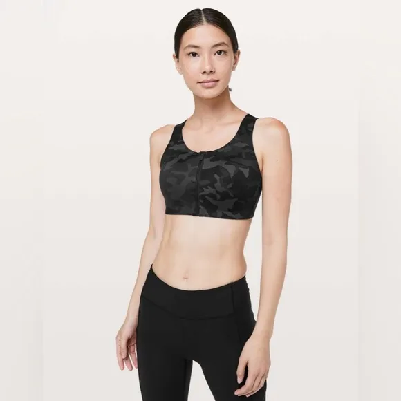 Lululemon Enlite Bra Zip Front Incognito Camo Multi Grey 32B