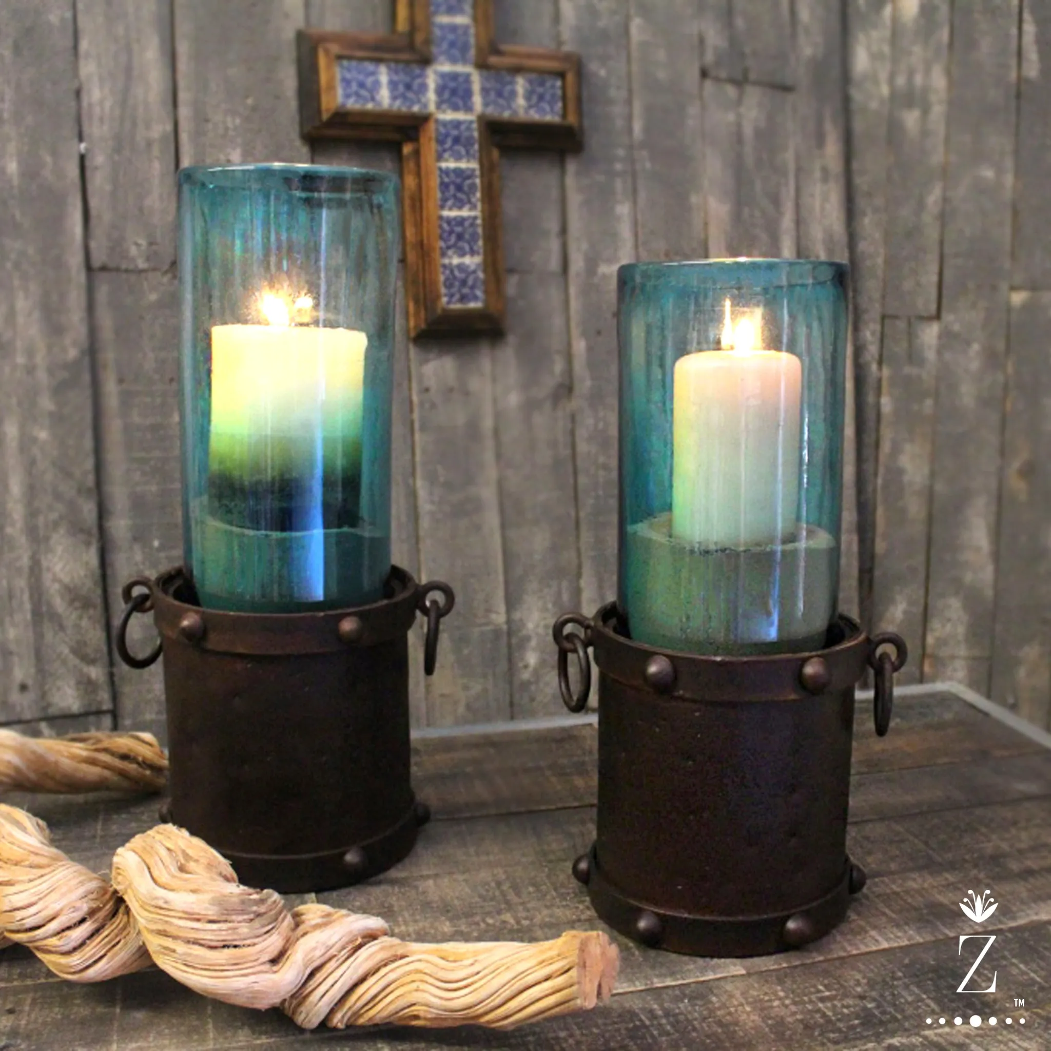 Manor Candelabra | Aqua and Clear Glass Hurricane
