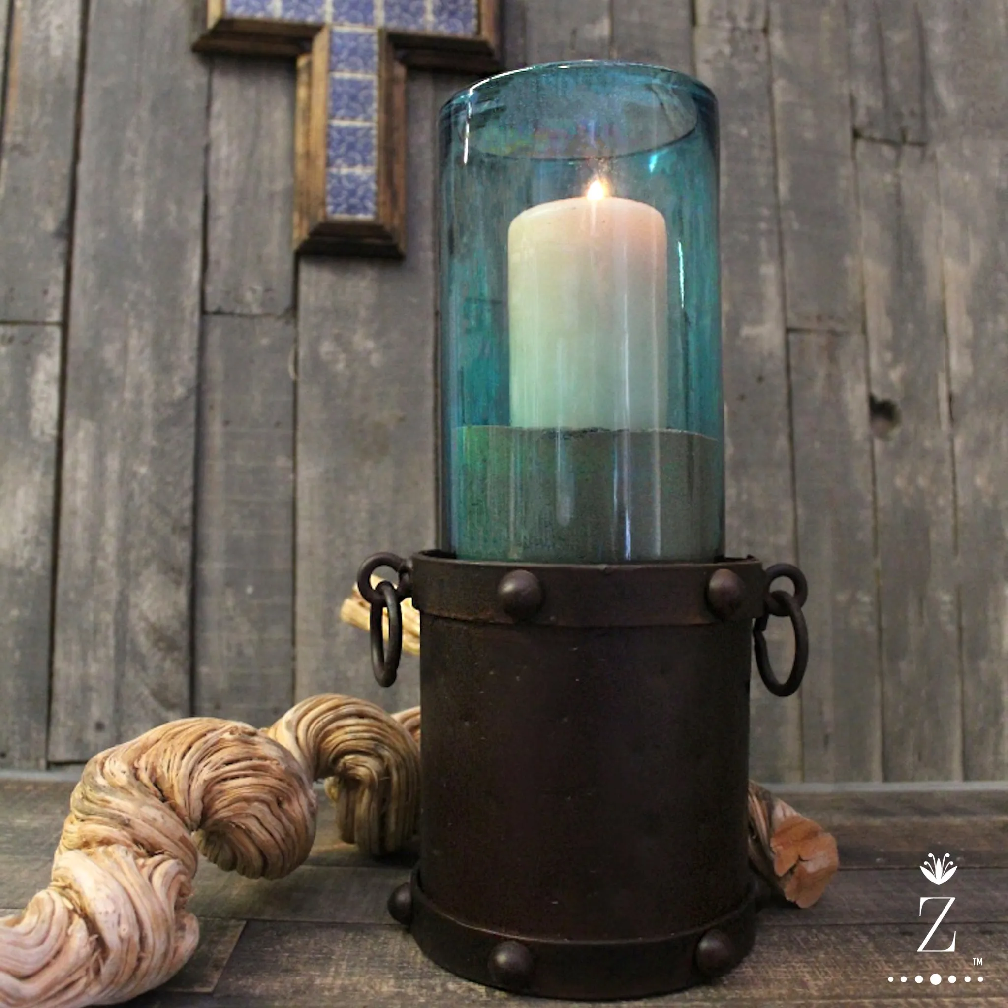 Manor Candelabra | Aqua and Clear Glass Hurricane