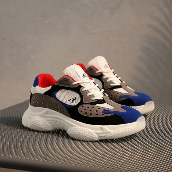 Men's Trendy Breathable Color Block Dad Sneaker Shoes - White Blue