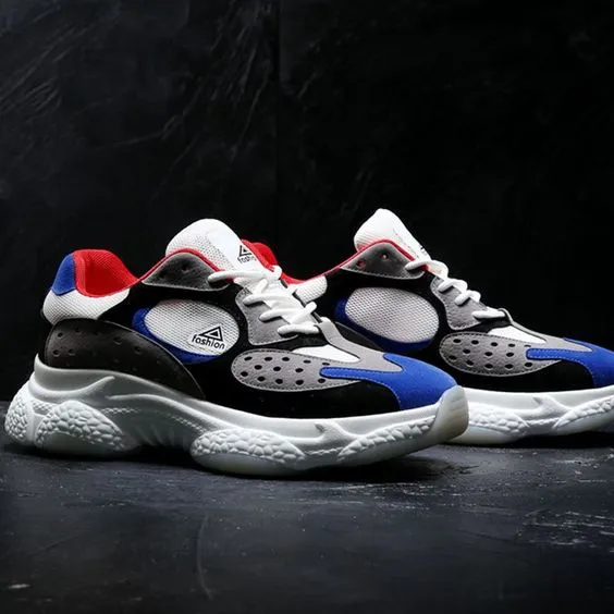 Men's Trendy Breathable Color Block Dad Sneaker Shoes - White Blue
