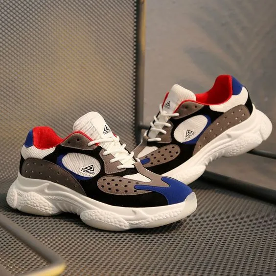 Men's Trendy Breathable Color Block Dad Sneaker Shoes - White Blue