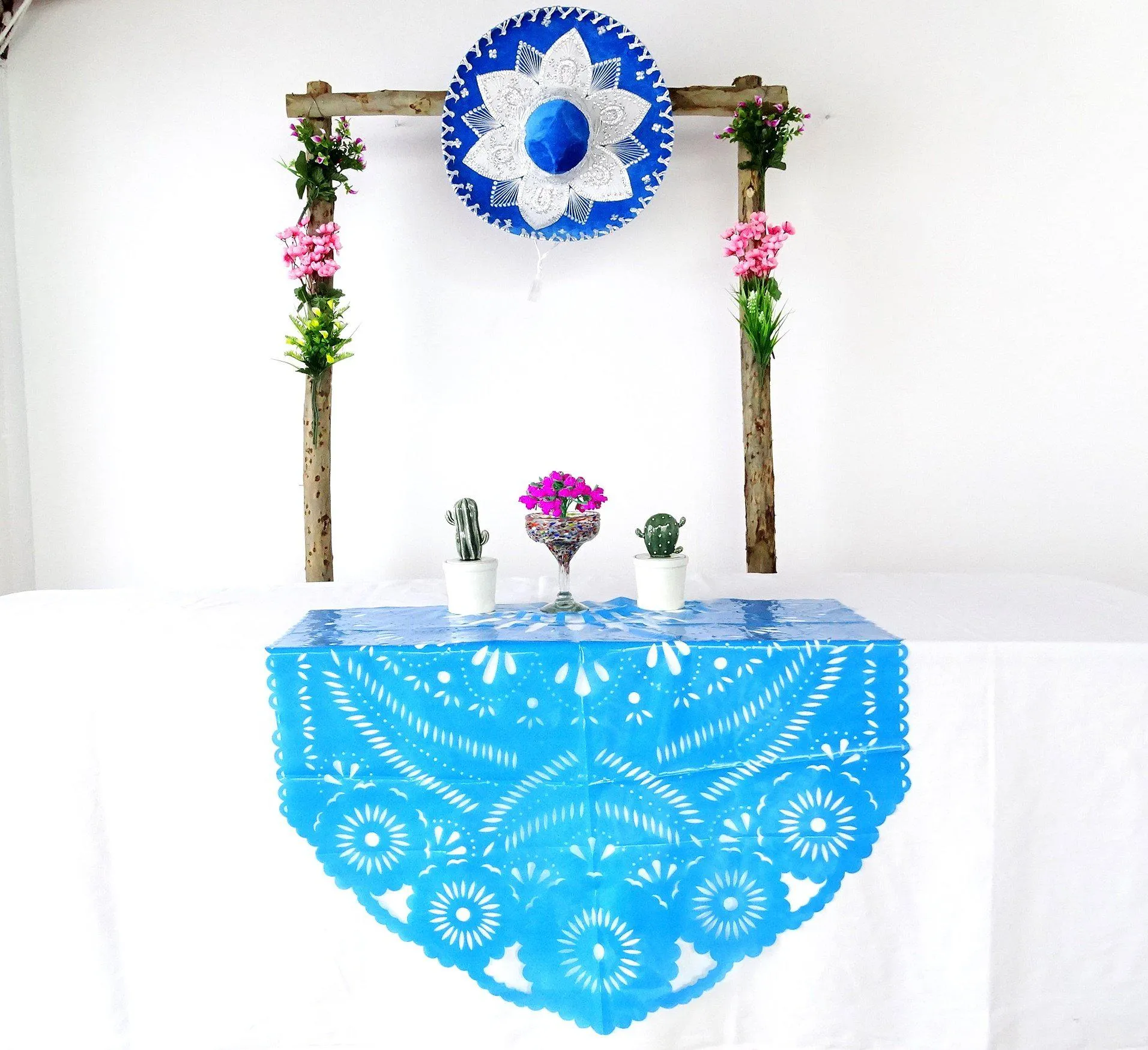 Mexican Plastic Papel Picado Table Decoration in Turquoise