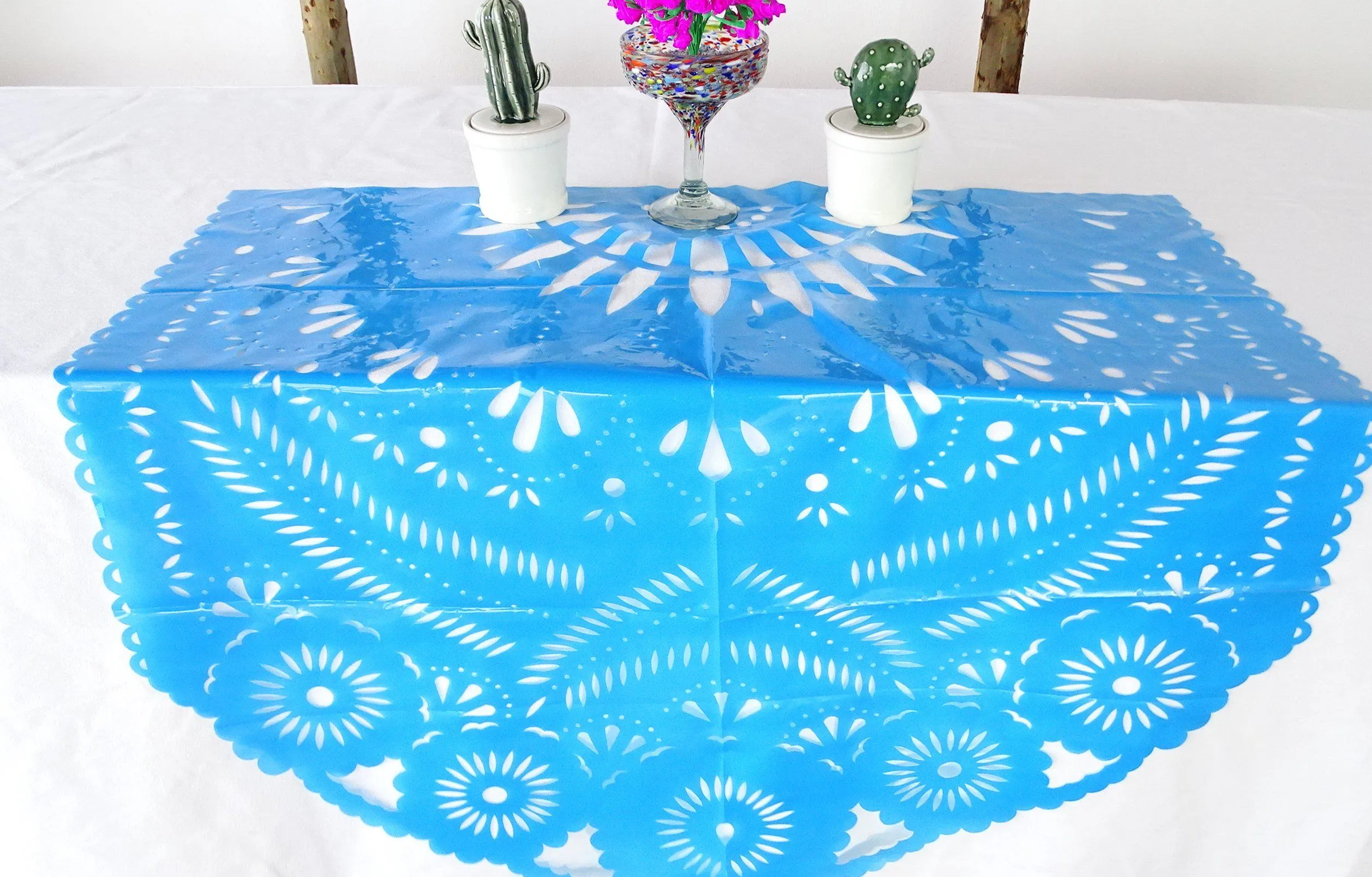 Mexican Plastic Papel Picado Table Decoration in Turquoise