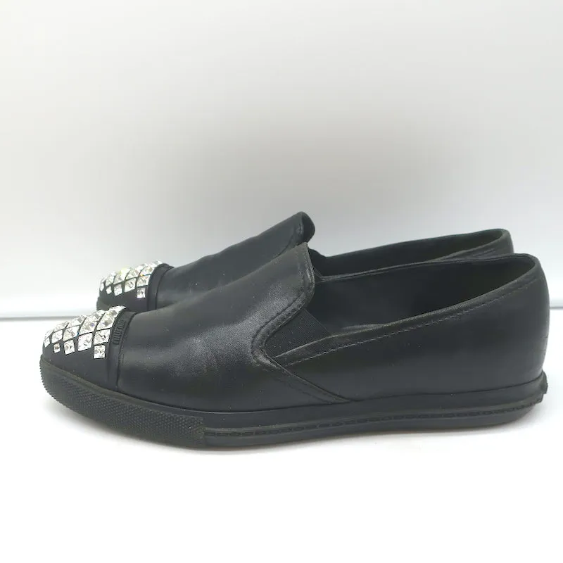 Miu Miu Crystal Cap Toe Slip-On Sneakers Black Leather Size 37.5