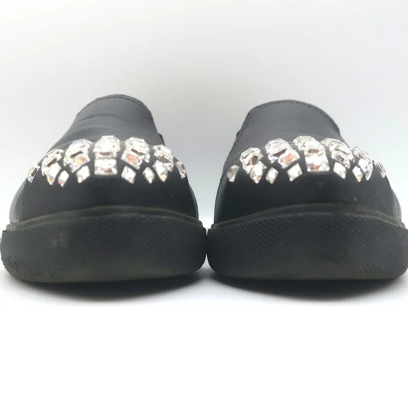 Miu Miu Crystal Cap Toe Slip-On Sneakers Black Leather Size 37.5
