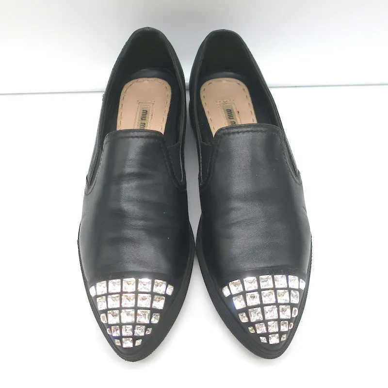 Miu Miu Crystal Cap Toe Slip-On Sneakers Black Leather Size 37.5