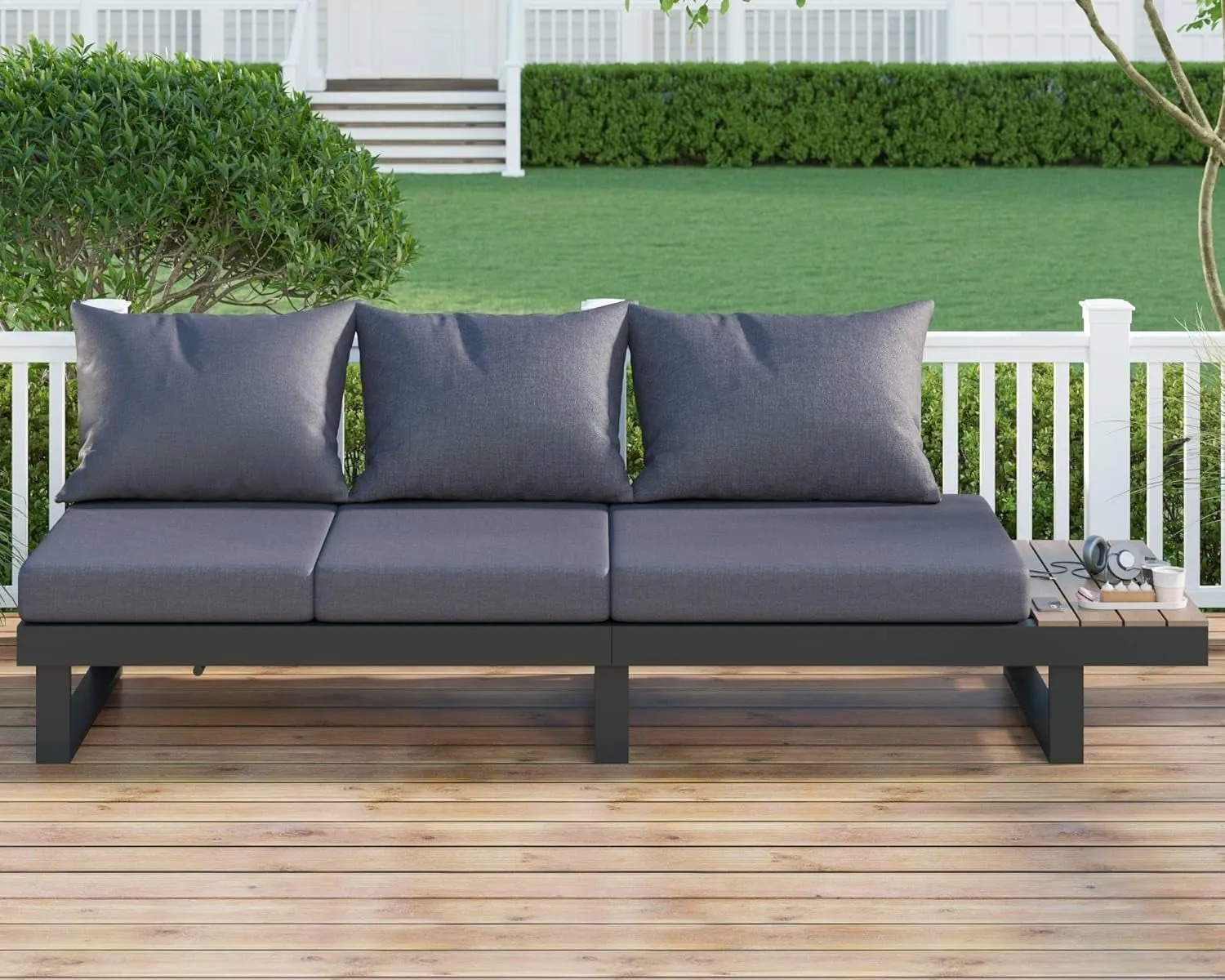 NEW PaPaJet Aluminum Soft Modern Outdoor Patio Sofa with Wood Grain Plastic Top Side Table for Backyard Poolside Porch, Grey, Retails $369 